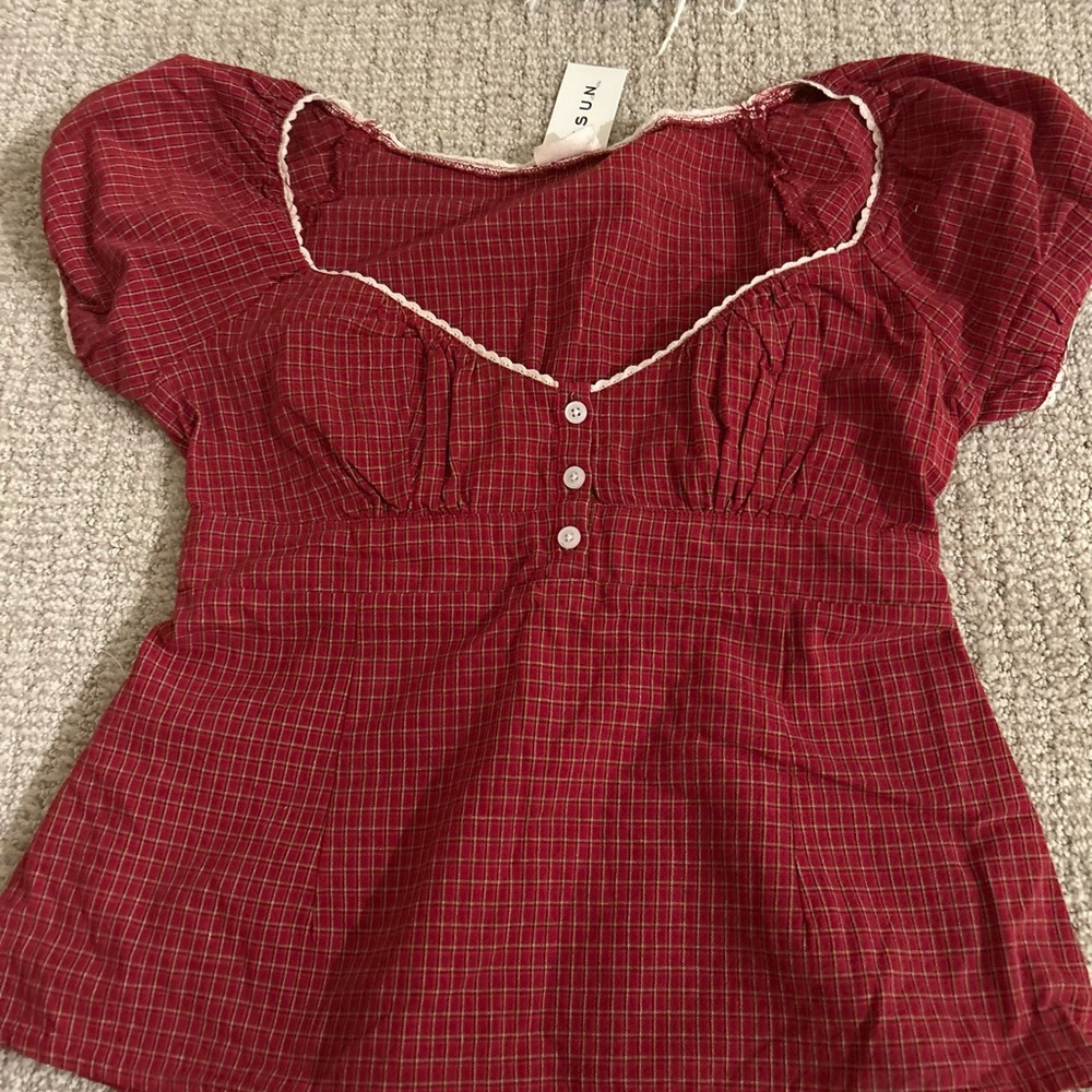 PacSun Burgundy Plaid Blouse with Button Accents